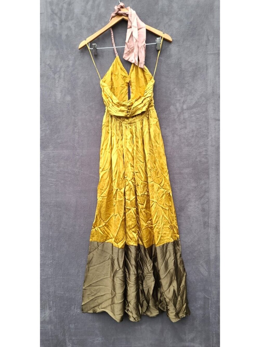 Anthropologie Silk Colorblocked Maxi Dress 2 Gold/Olive/Pink Halter Goddess NWT - Picture 4 of 10